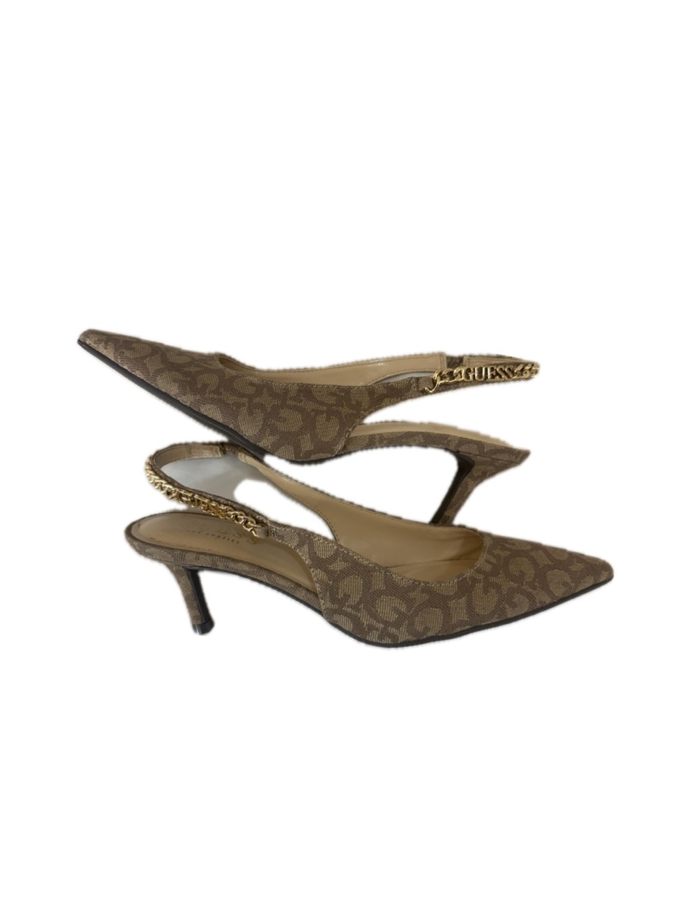 GUESS Brown Logo Slingback Kitten Heels with Gold Chain